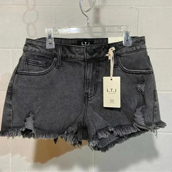 L.T.J  letter to juliet Frayed Hem Denim Shorts Acid Black Distressed NWT Grunge - Picture 1 of 7